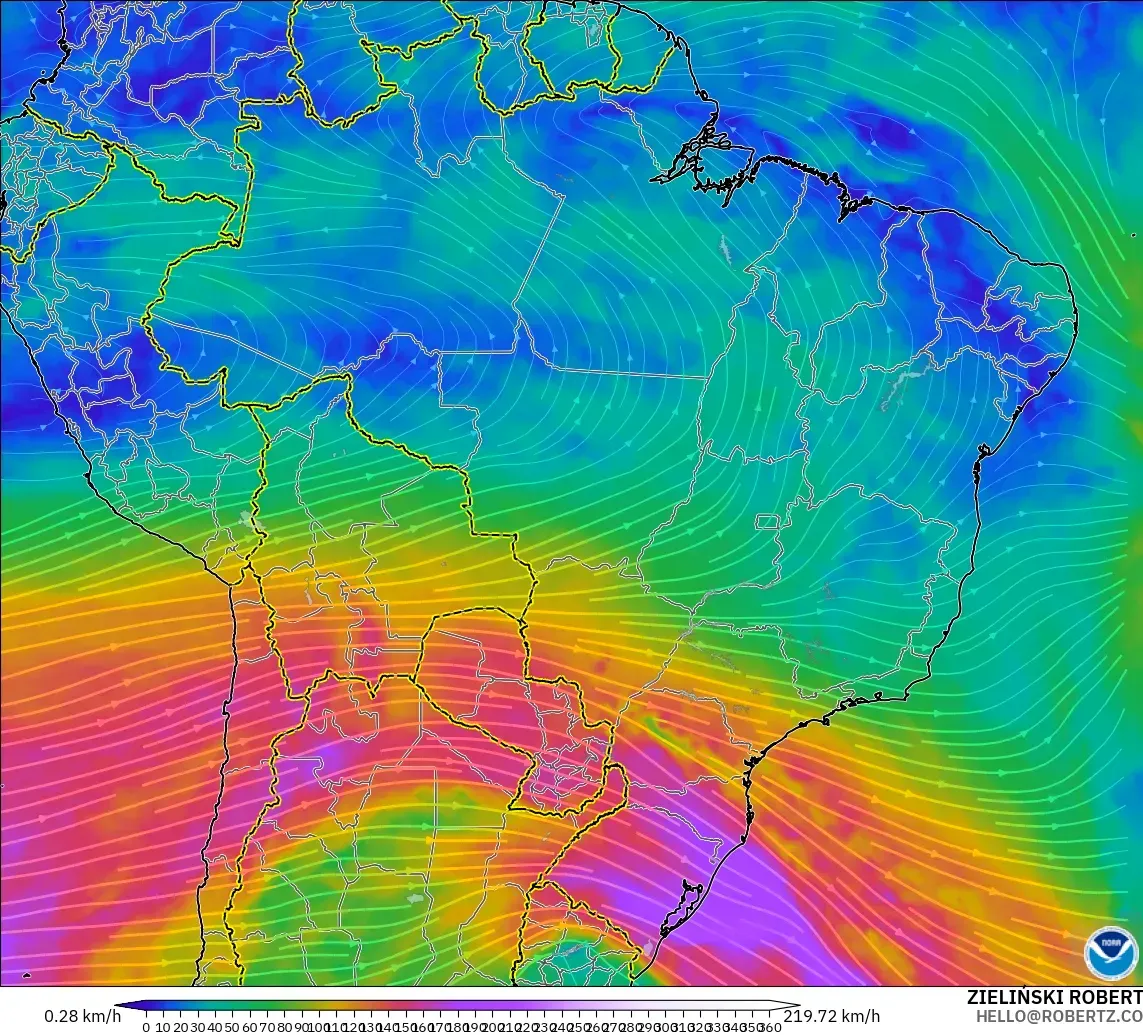 GFS modelo - Brasil, Viento a 300 hPa (corriente en chorro)