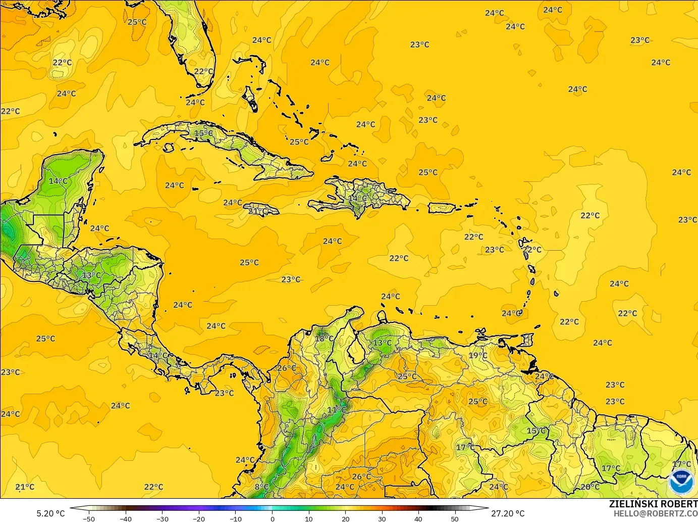 GFS modelo - Caribe, Punto de rocío a 2 m
