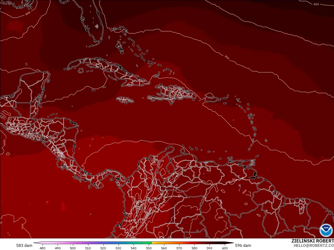 GFS modelo - Caribe, Altura geopotencial a 500 hPa