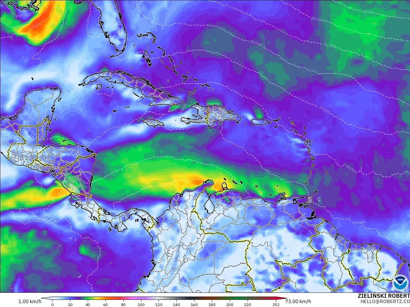 GFS modelo - Caribe, Ráfagas de Viento Máximas
