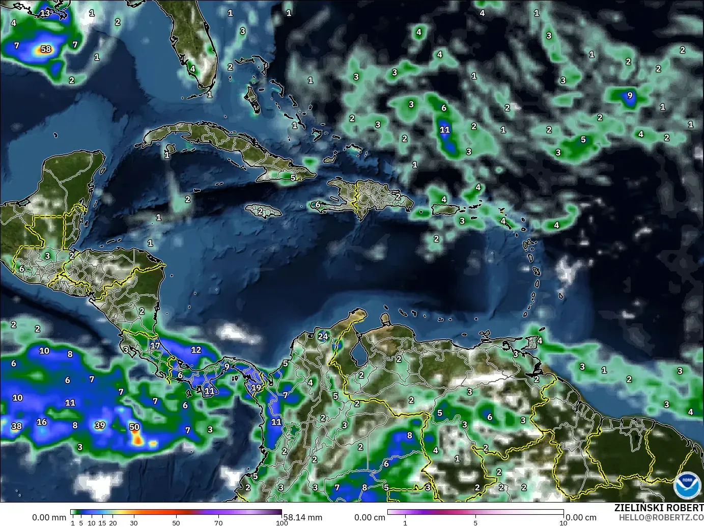 GFS modelo - Caribe, Precipitación, nubes y presión