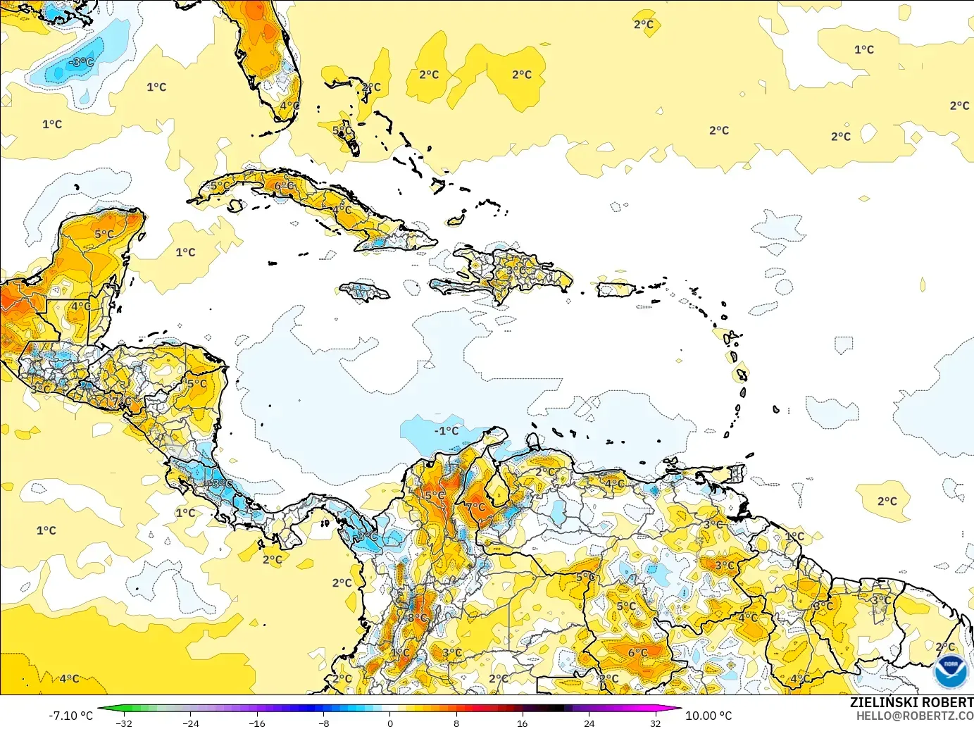 GFS modelo - Caribe, Anomalía de temperatura a 2 m