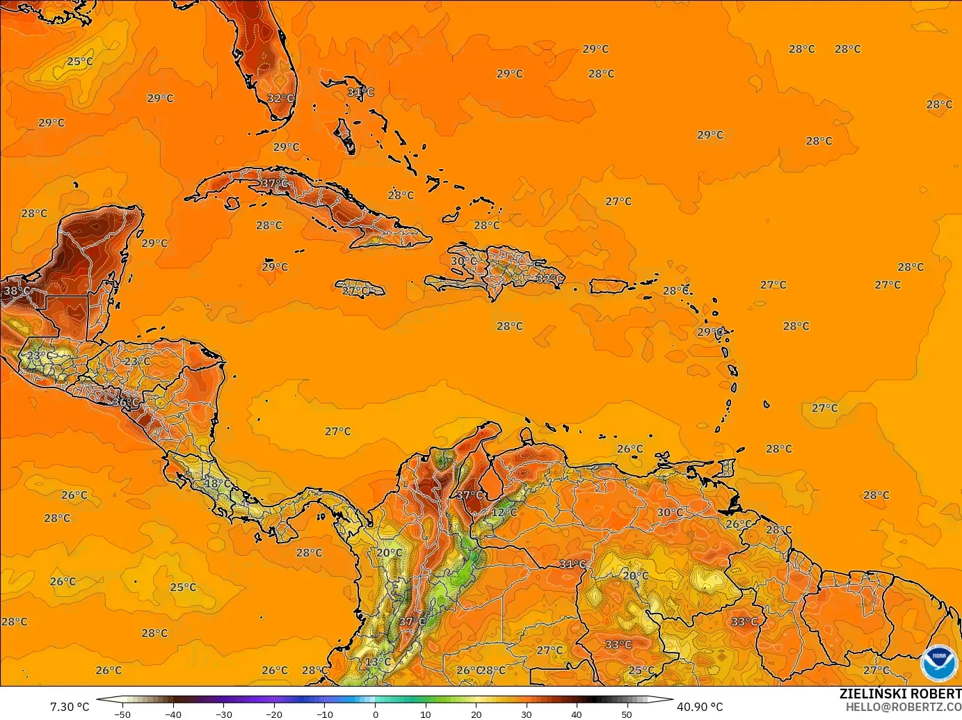 GFS modelo - Caribe, Temperatura a 2 m