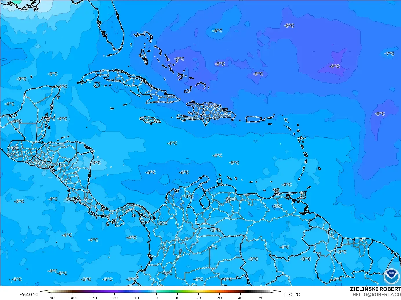 GFS modelo - Caribe, Temperatura a 500 hPa