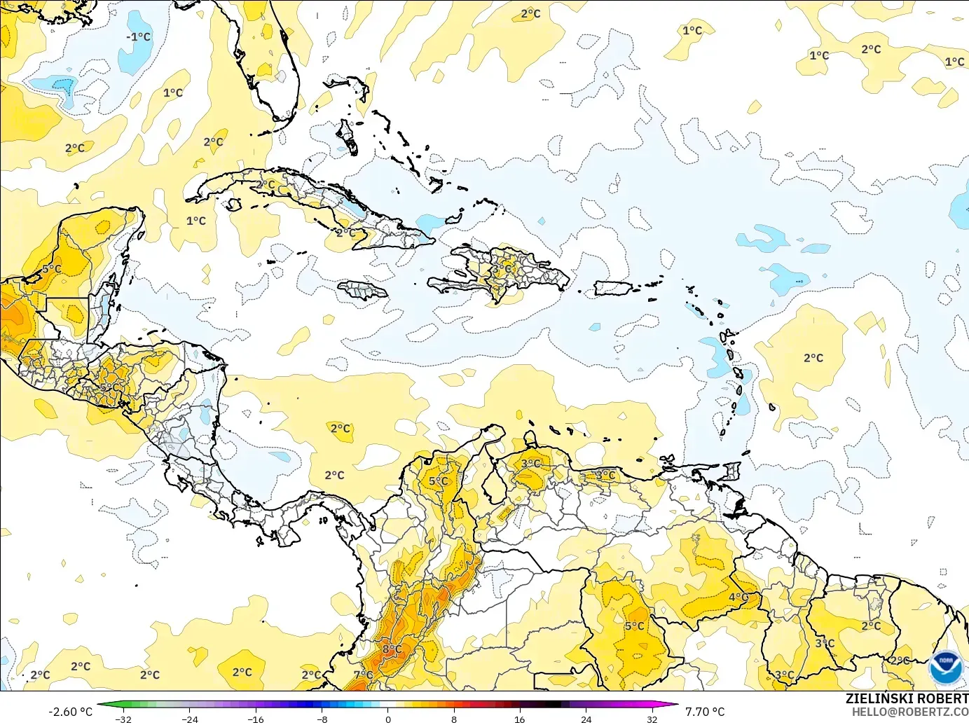 GFS modelo - Caribe, Anomalía de temperatura a 850 hPa
