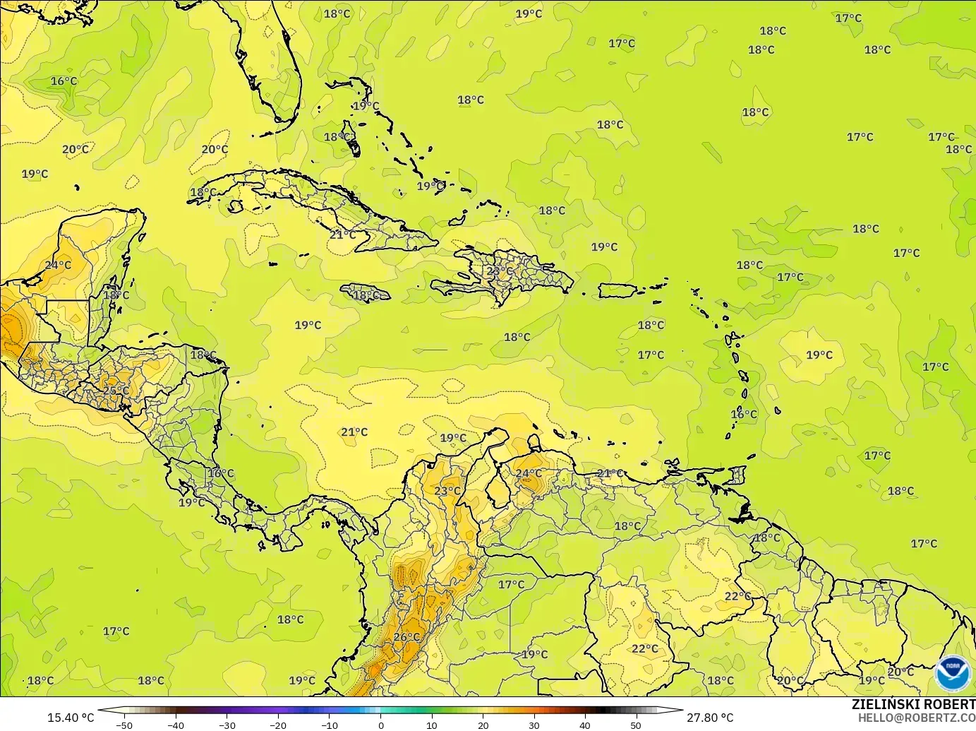 GFS modelo - Caribe, Temperatura a 850 hPa