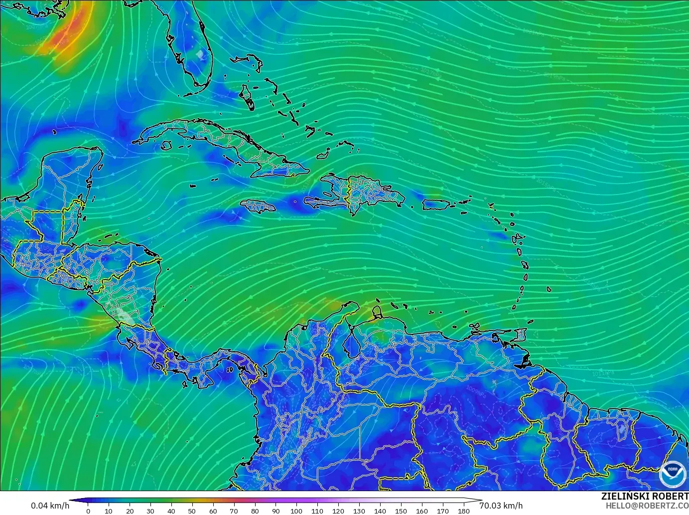 GFS modelo - Caribe, Viento a 10 m
