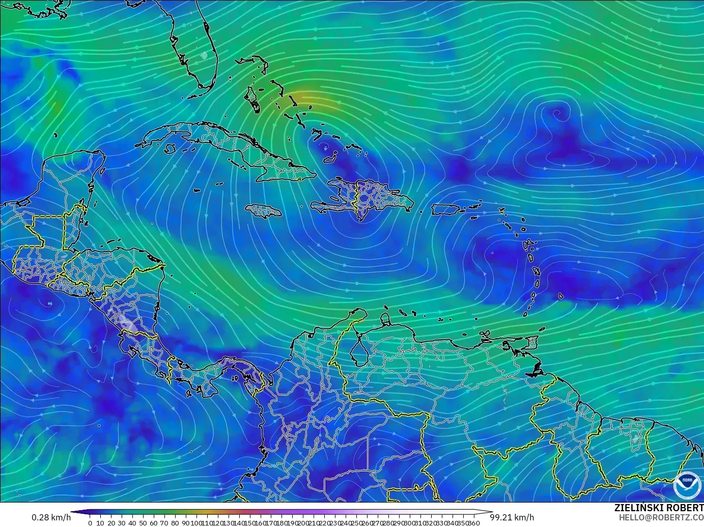 GFS modelo - Caribe, Viento a 300 hPa (corriente en chorro)