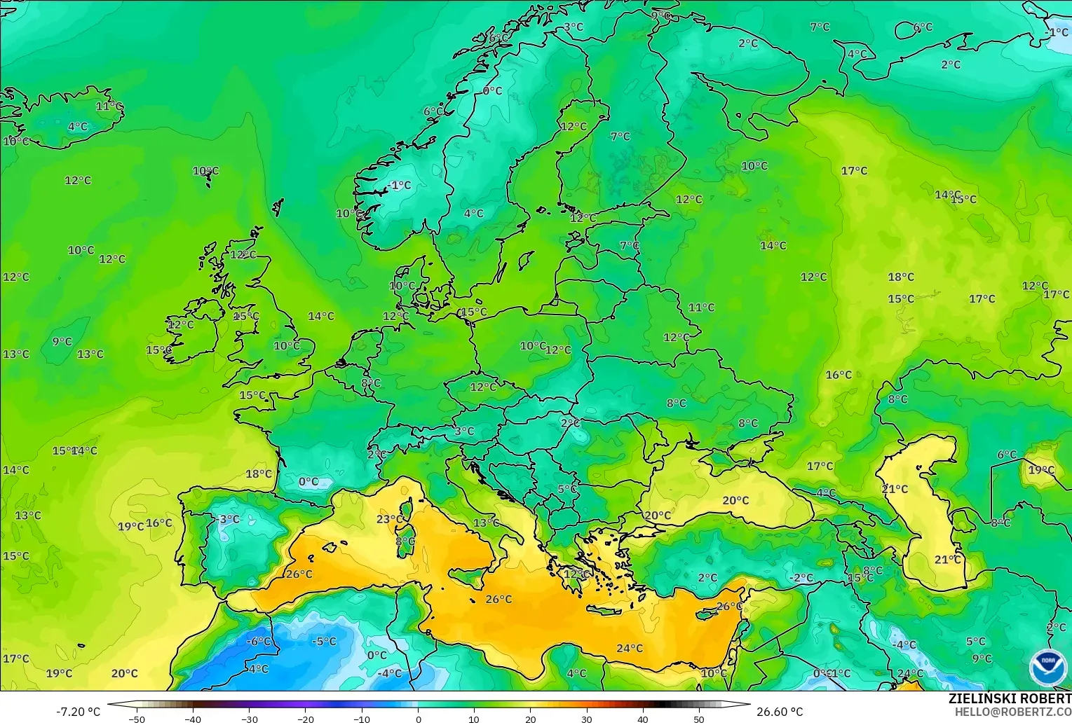 GFS modelo - Europa, Punto de rocío a 2 m