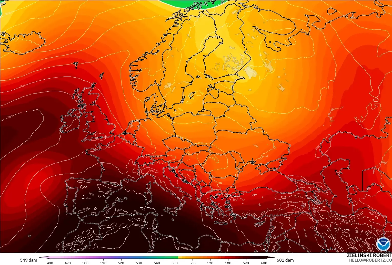 GFS modelo - Europa, Altura geopotencial a 500 hPa