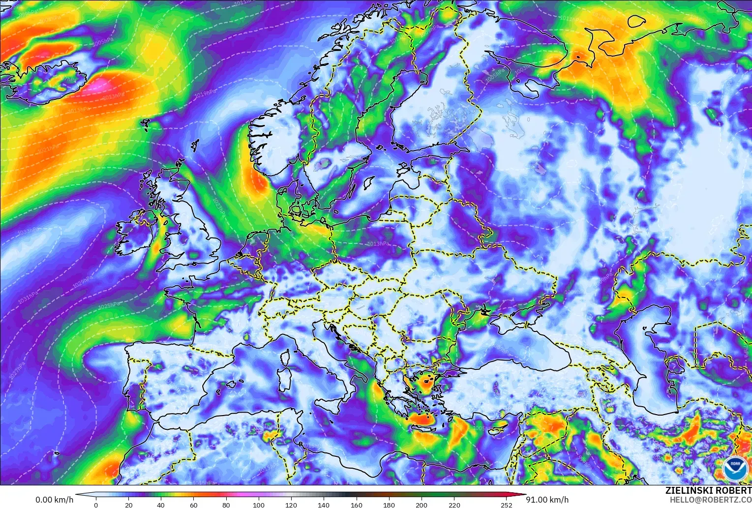GFS modelo - Europa, Ráfagas de viento