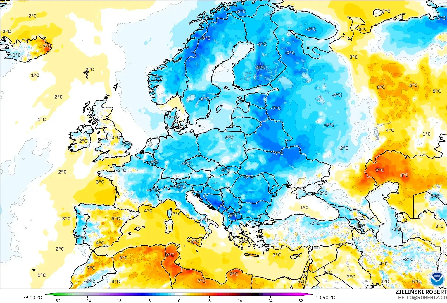 GFS modelo - Europa, Anomalía de temperatura a 2 m