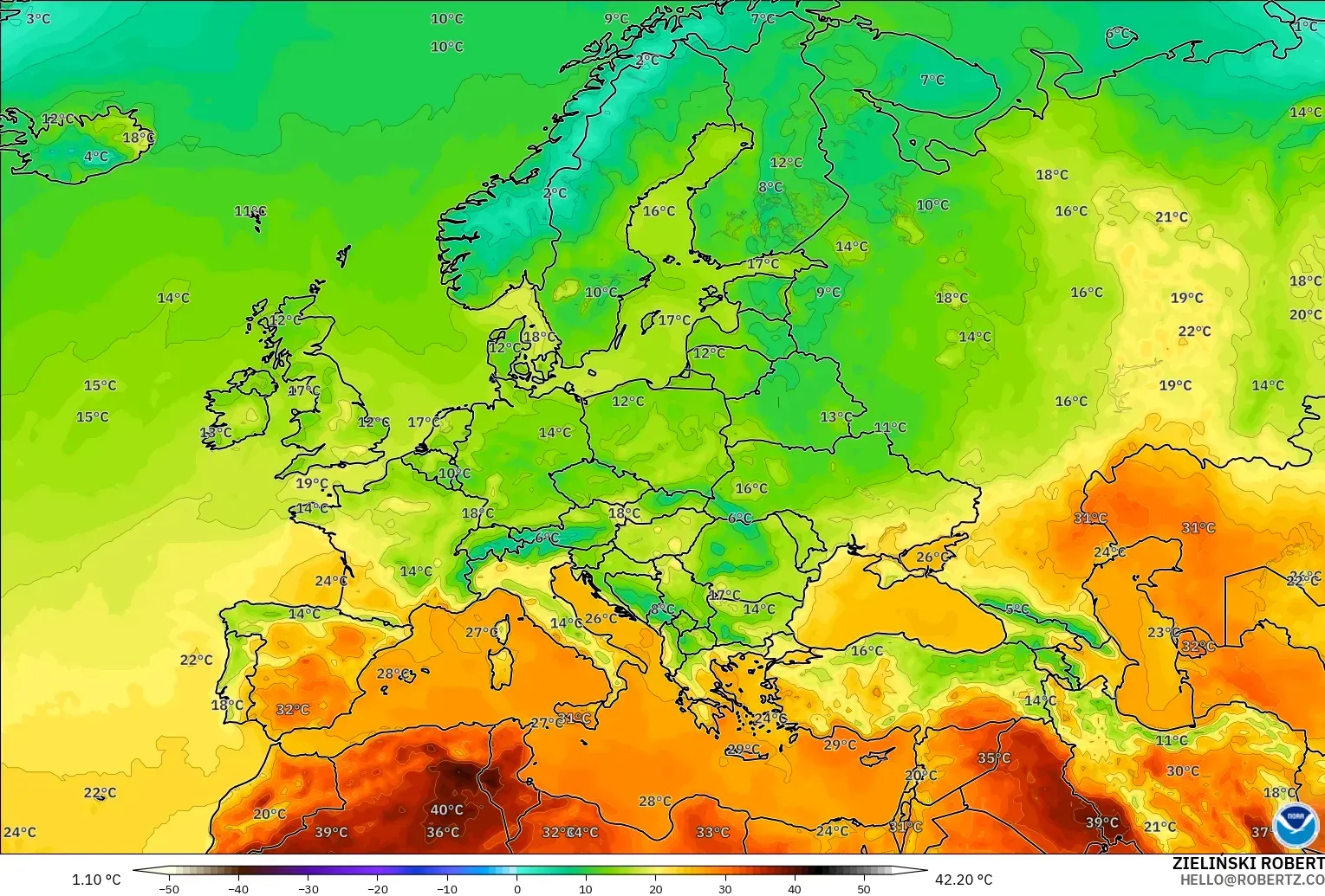 GFS modelo - Europa, Temperatura a 2 m