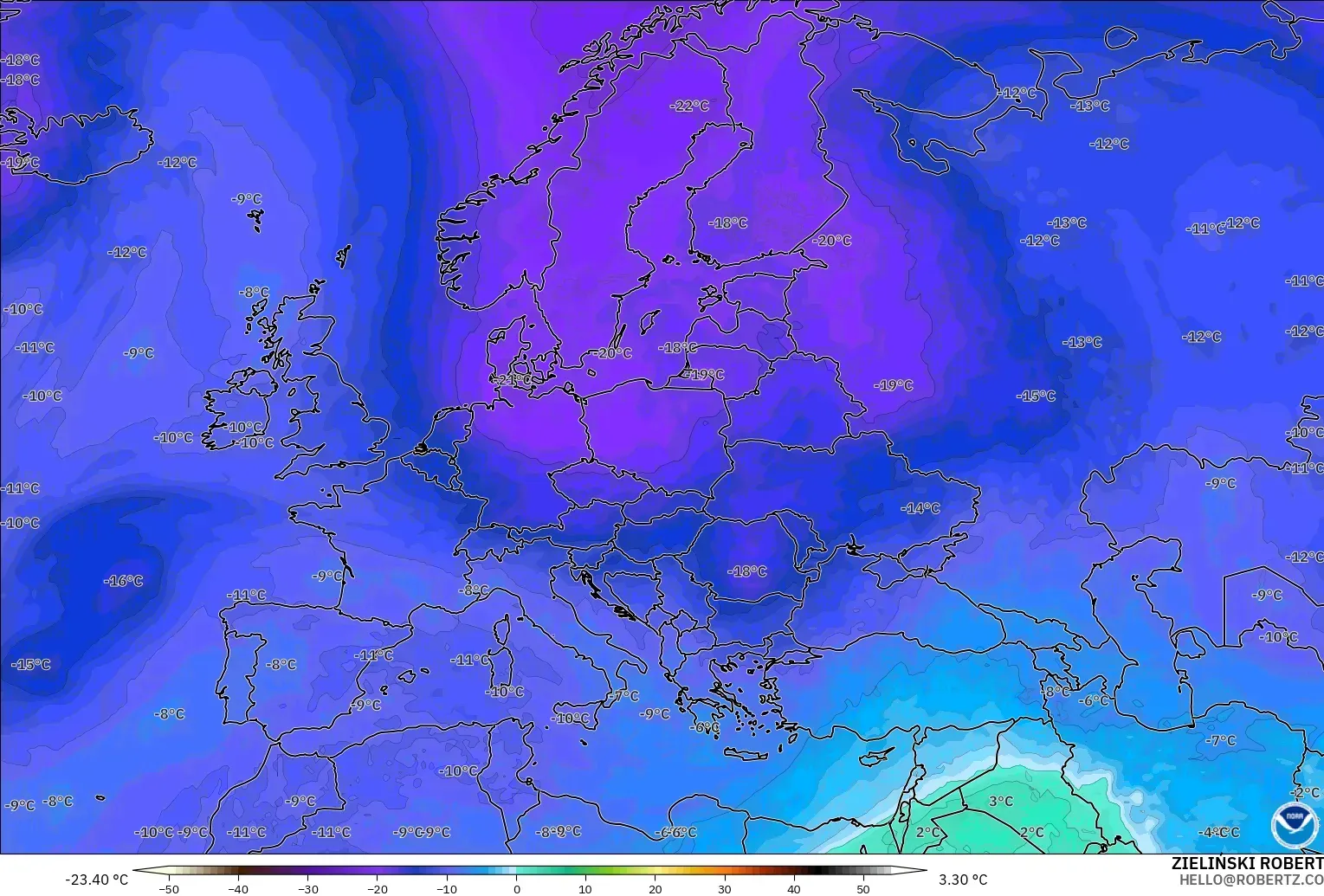 GFS modelo - Europa, Temperatura a 500 hPa