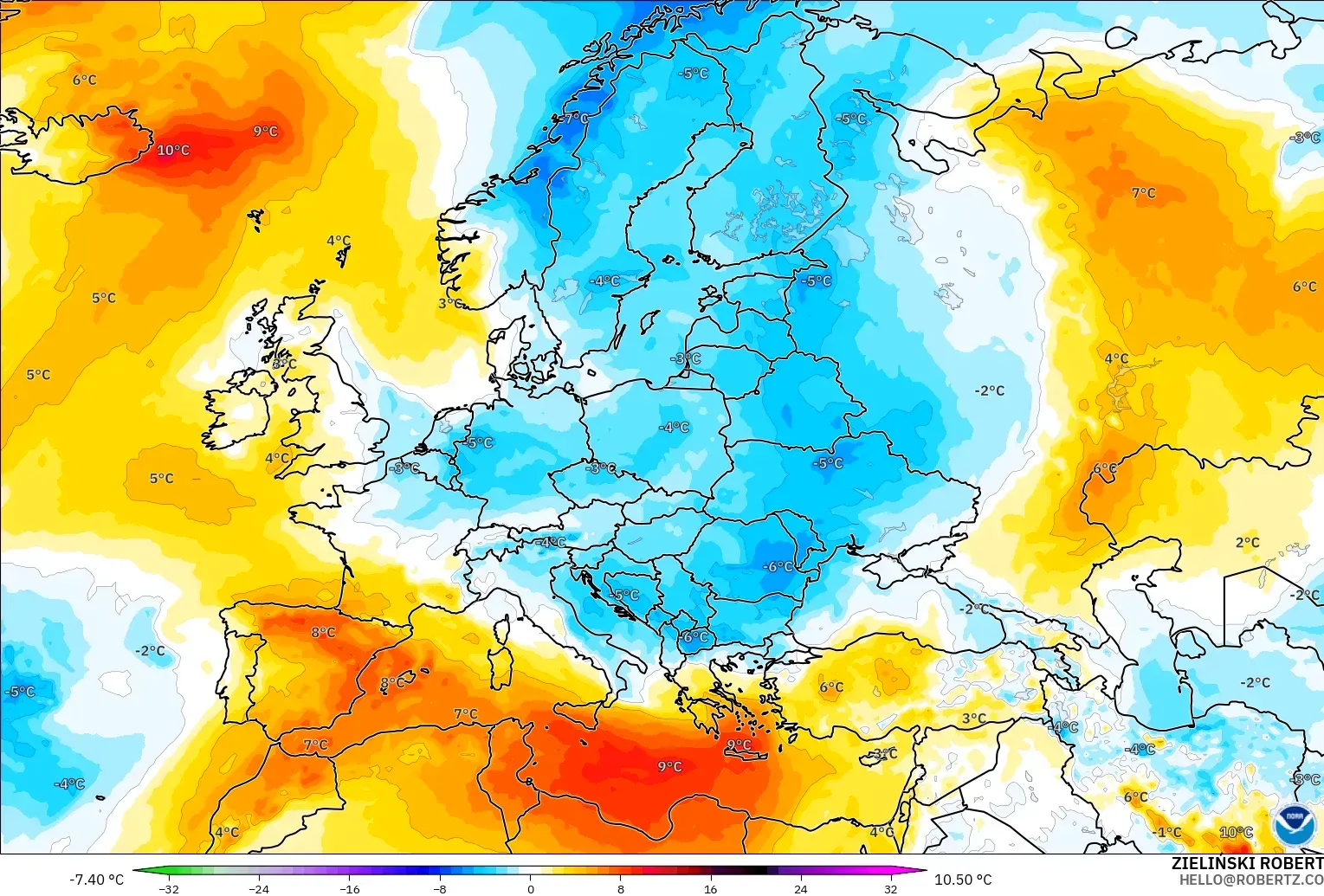 GFS modelo - Europa, Anomalía de temperatura a 850 hPa