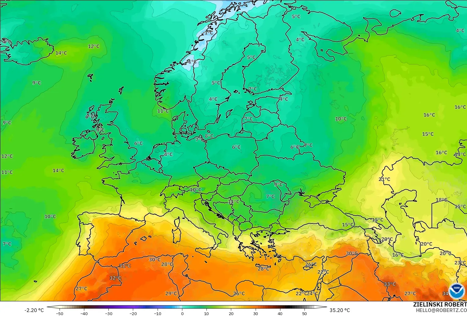 GFS modelo - Europa, Temperatura a 850 hPa