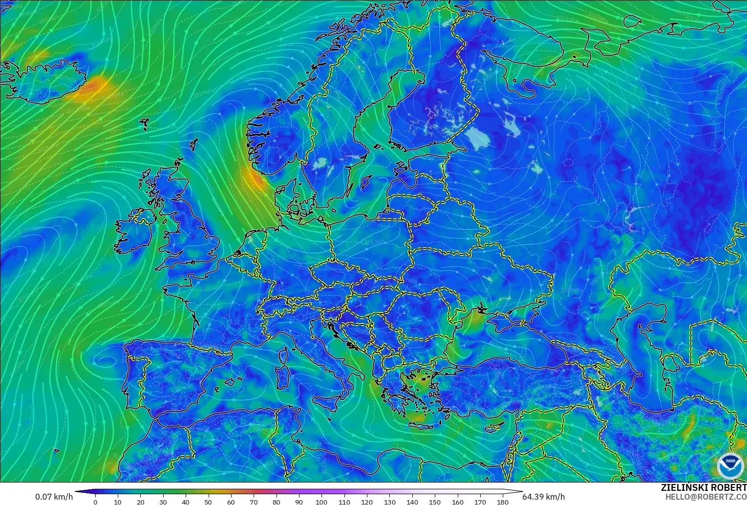 GFS modelo - Europa, Viento a 10 m