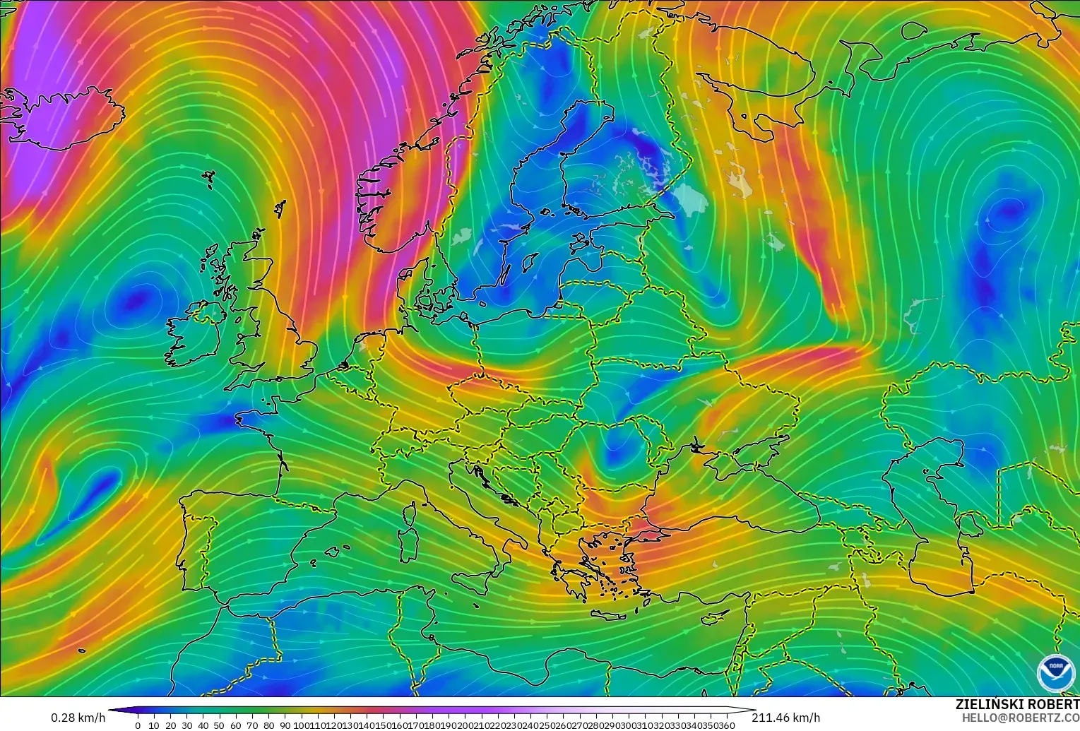 GFS modelo - Europa, Viento a 300 hPa (corriente en chorro)