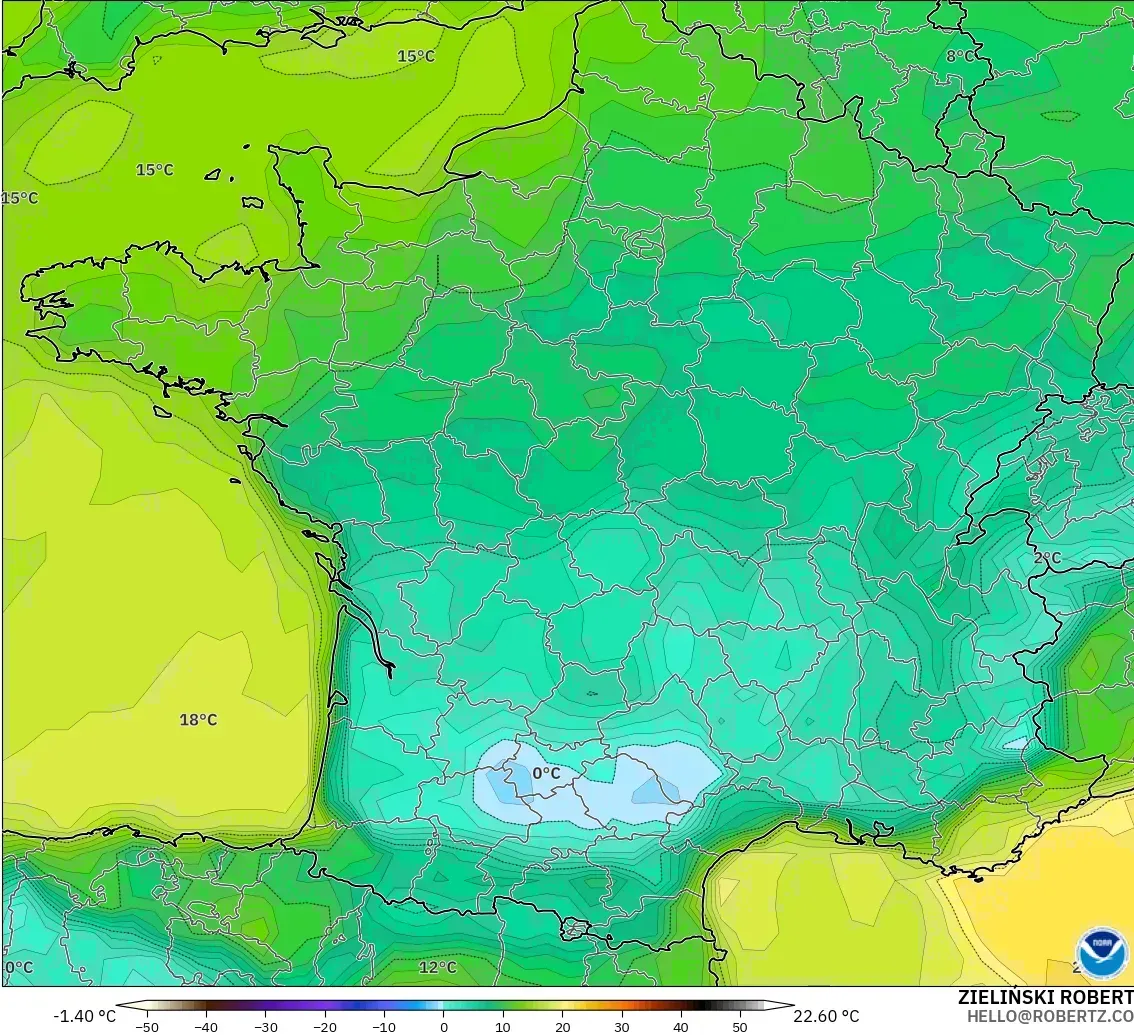 GFS modelo - Francia, Punto de rocío a 2 m