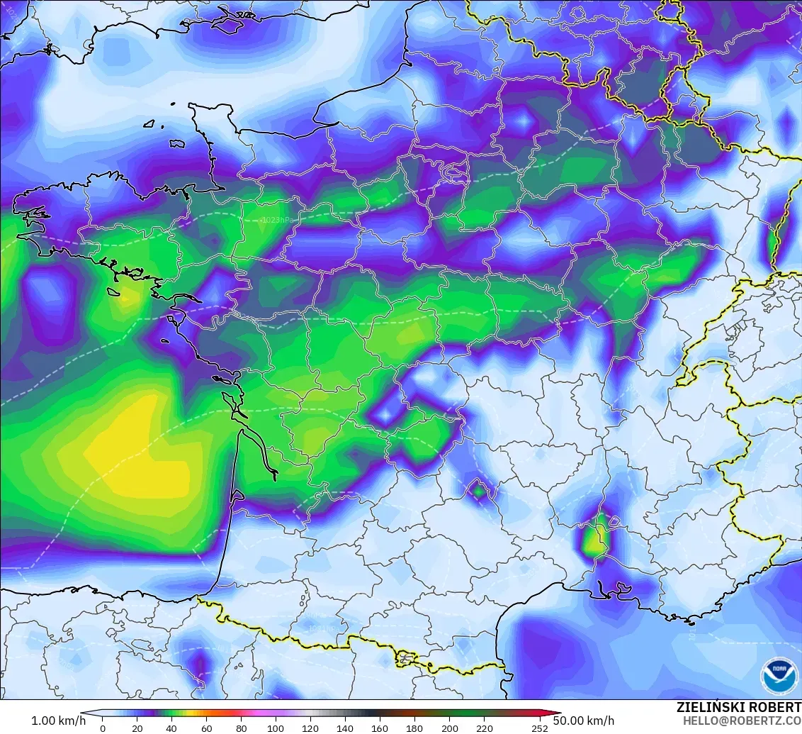 GFS modelo - Francia, Ráfagas de Viento Máximas