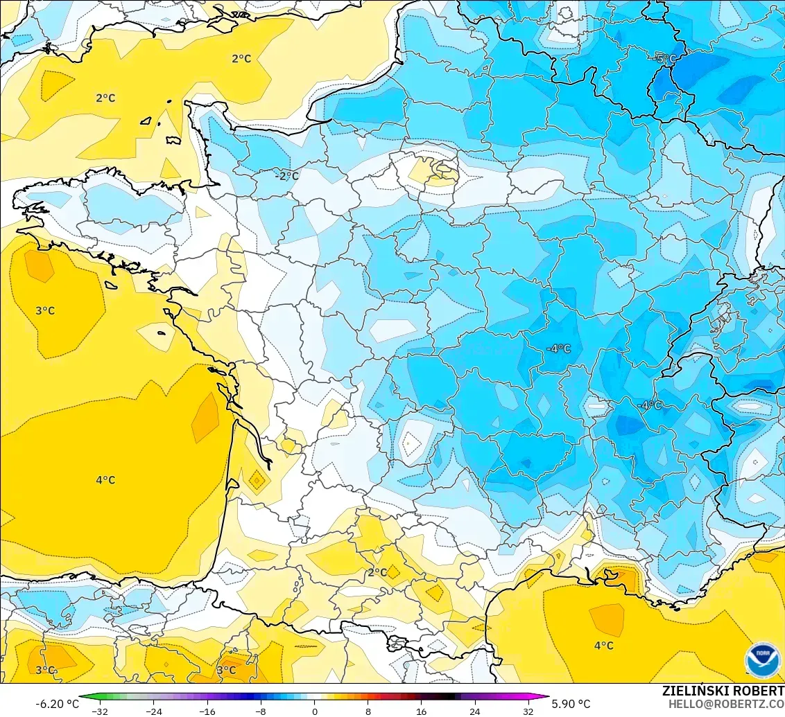 GFS modelo - Francia, Anomalía de temperatura a 2 m