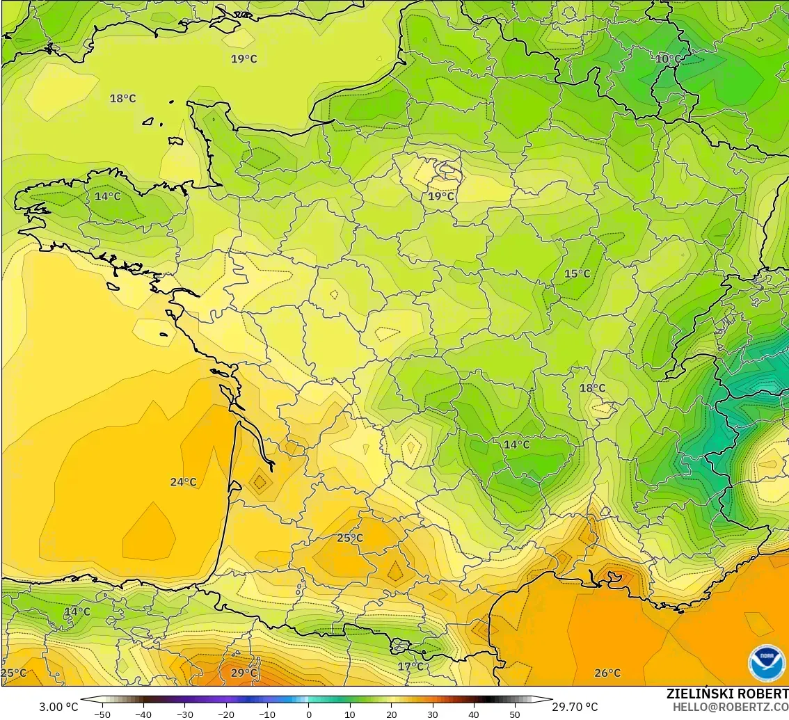 GFS modelo - Francia, Temperatura a 2 m