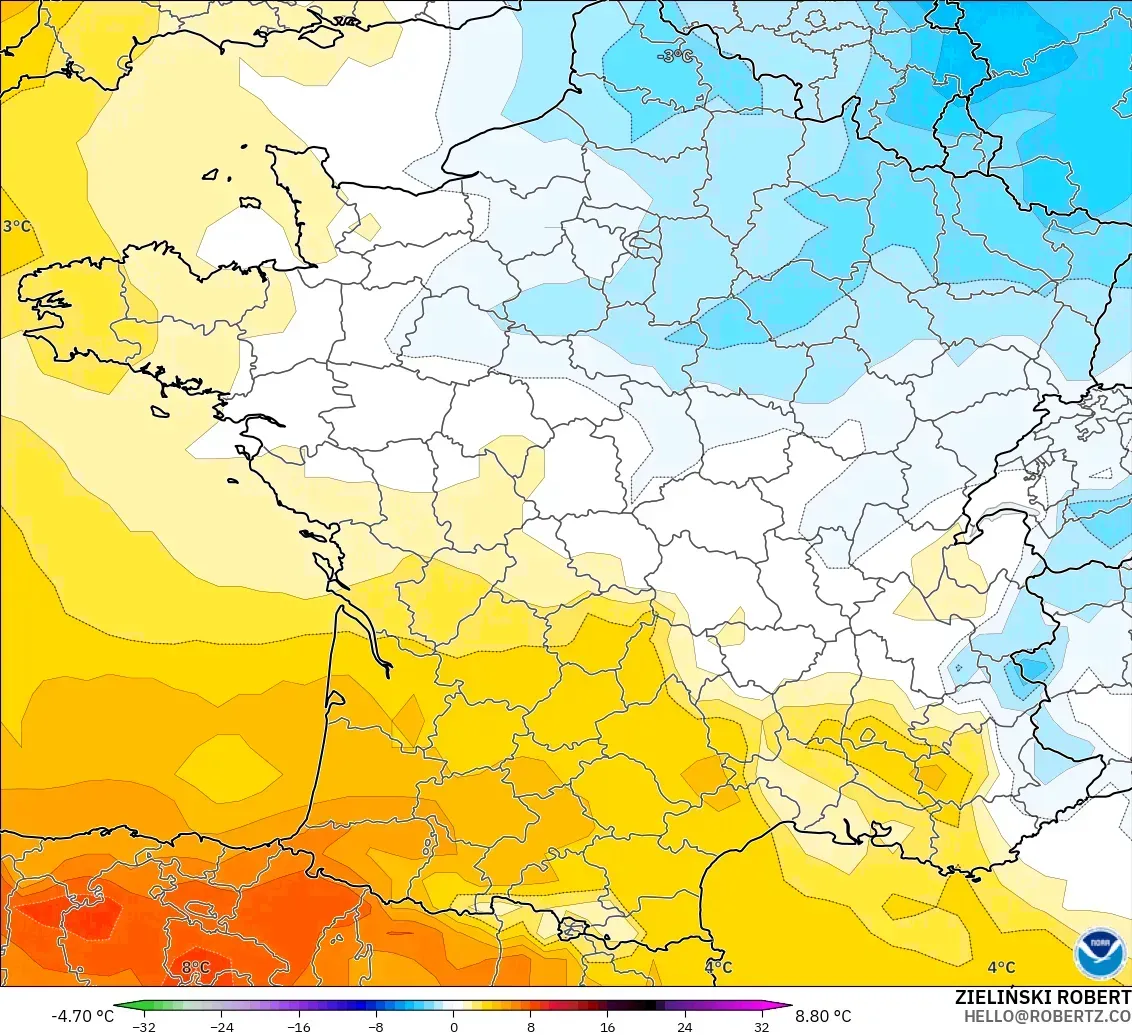 GFS modelo - Francia, Anomalía de temperatura a 850 hPa