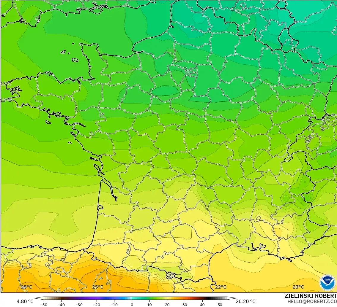 GFS modelo - Francia, Temperatura a 850 hPa