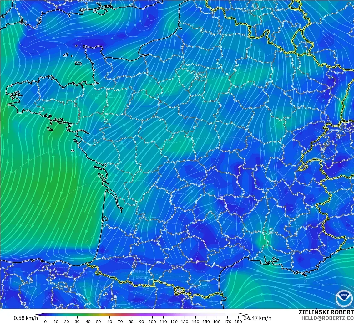 GFS modelo - Francia, Viento a 10 m