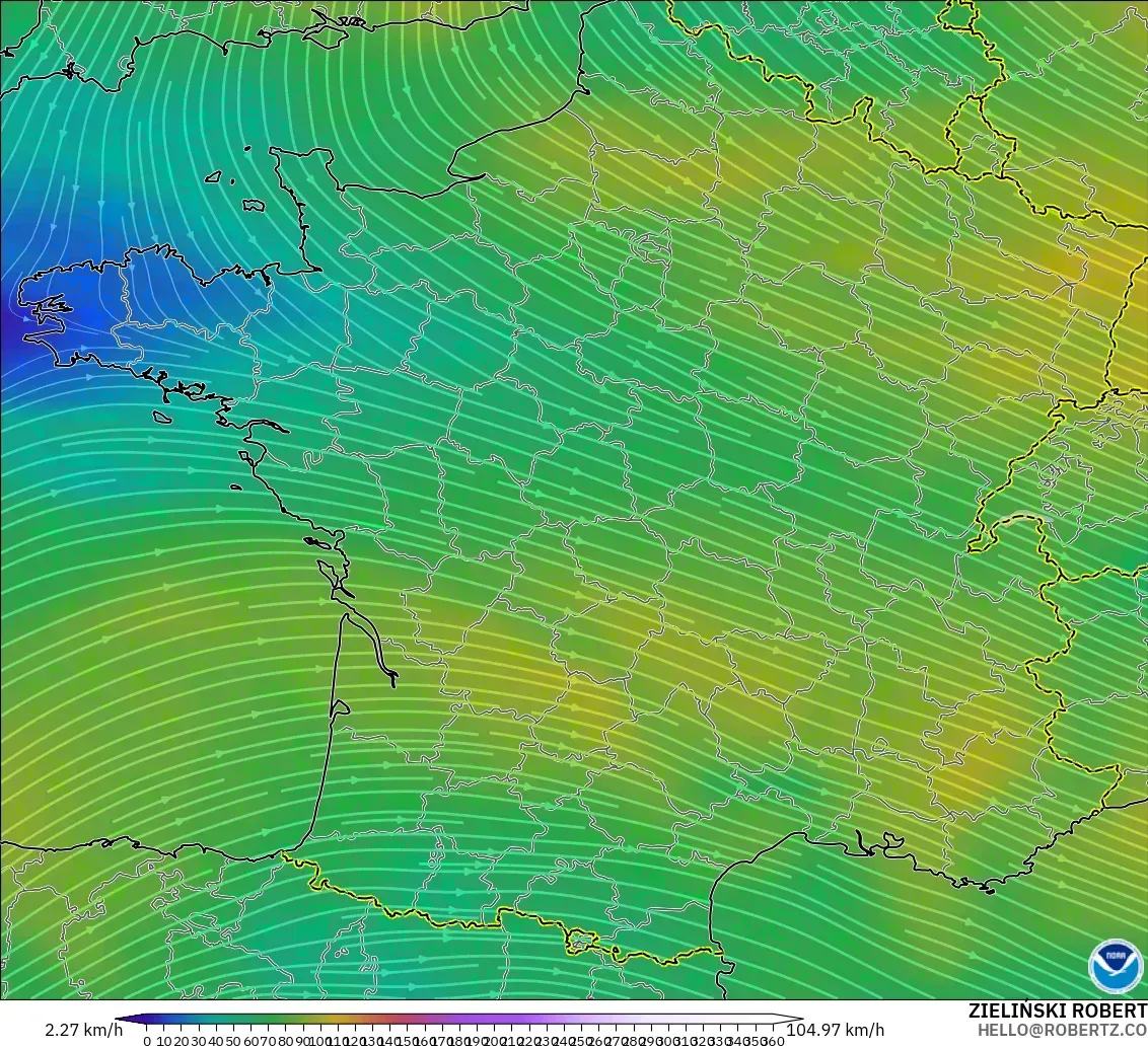 GFS modelo - Francia, Viento a 300 hPa (corriente en chorro)