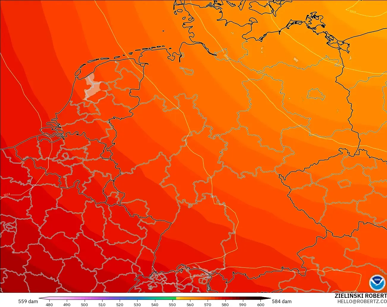 GFS modelo - Alemania, Altura geopotencial a 500 hPa