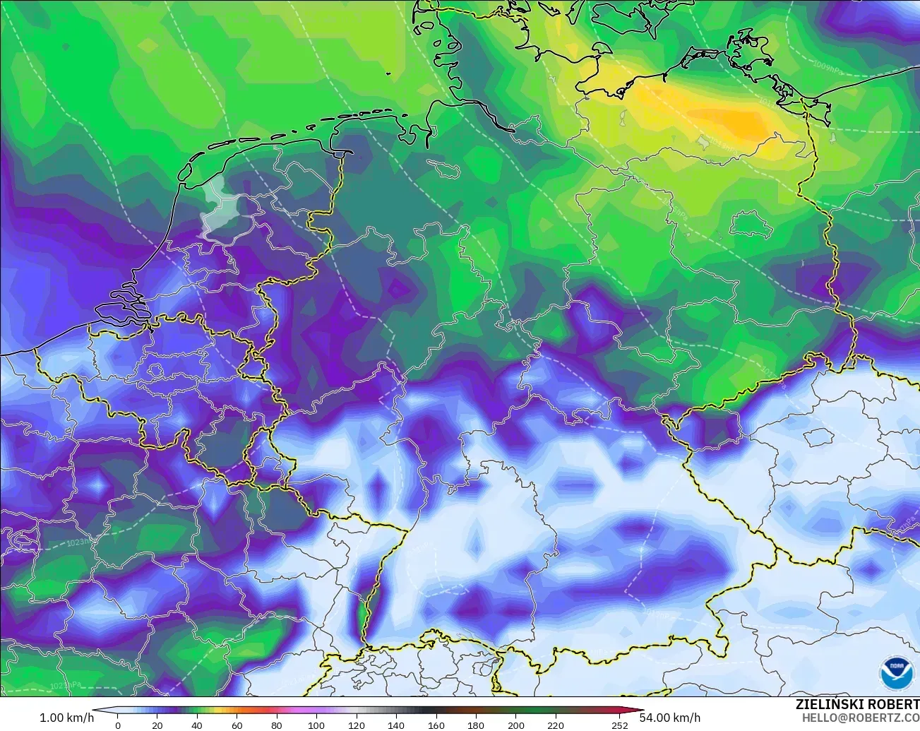 GFS modelo - Alemania, Ráfagas de Viento Máximas