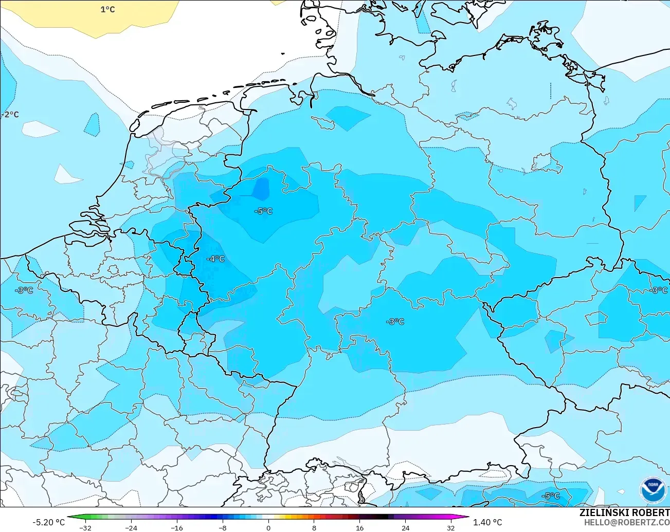 GFS modelo - Alemania, Anomalía de temperatura a 850 hPa