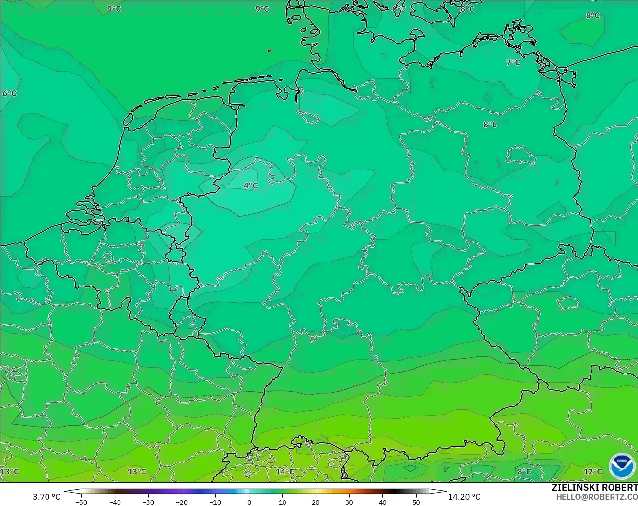 GFS modelo - Alemania, Temperatura a 850 hPa