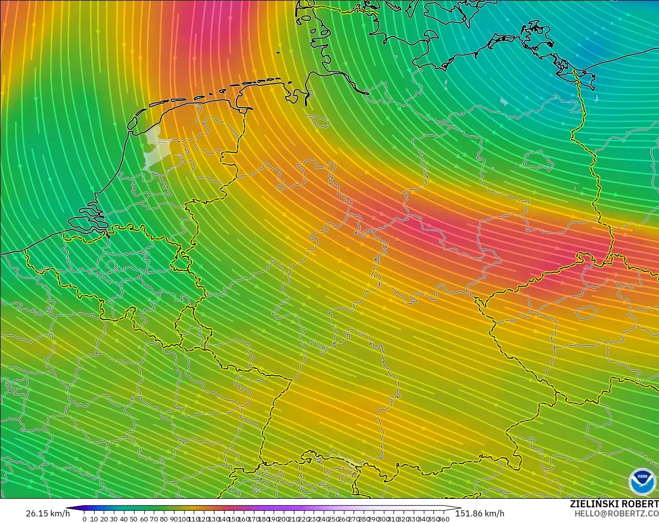 GFS modelo - Alemania, Viento a 300 hPa (corriente en chorro)