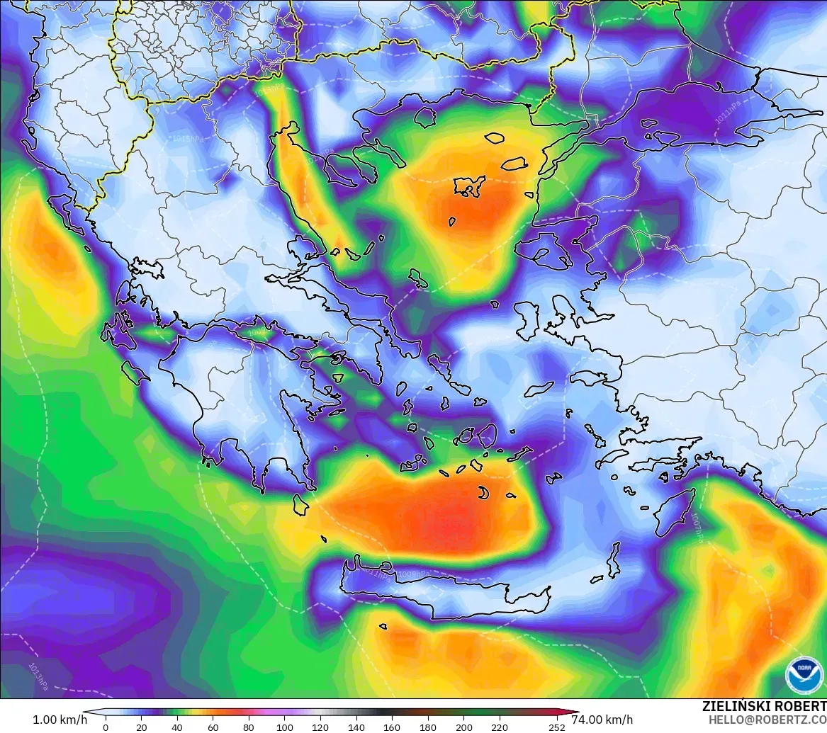 GFS modelo - Grecia, Ráfagas de viento