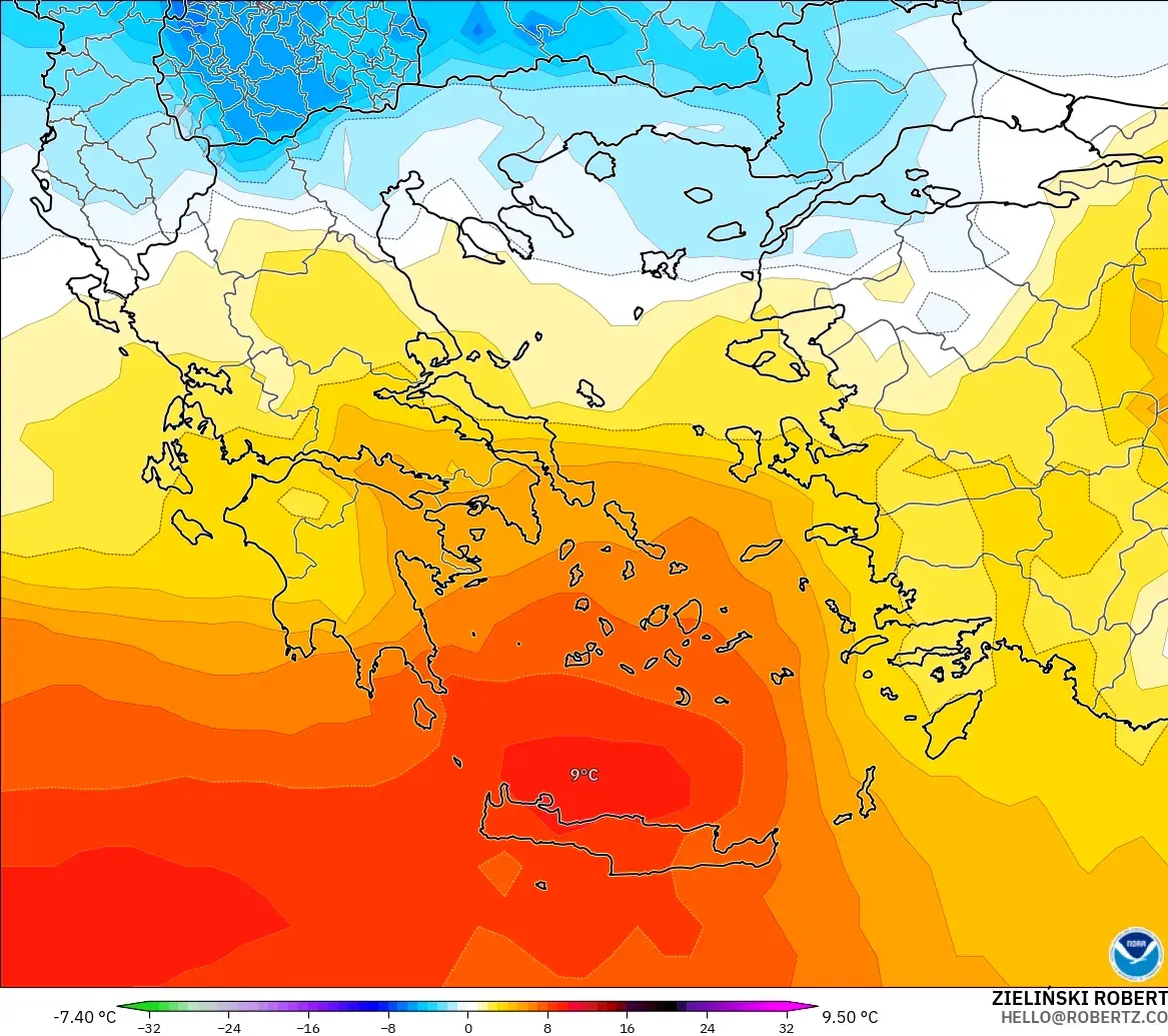 GFS modelo - Grecia, Anomalía de temperatura a 850 hPa