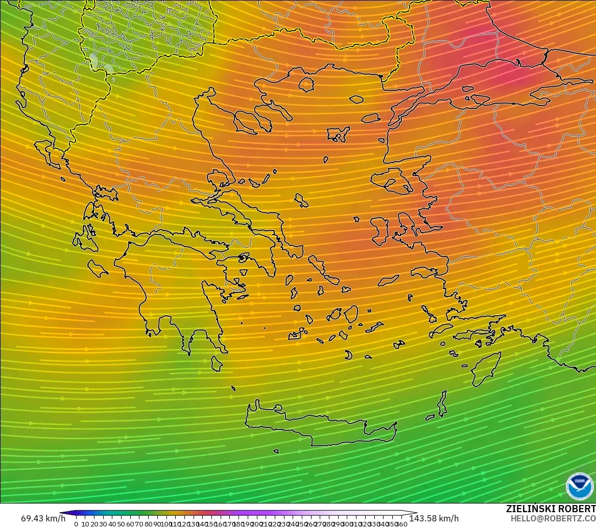GFS modelo - Grecia, Viento a 300 hPa (corriente en chorro)