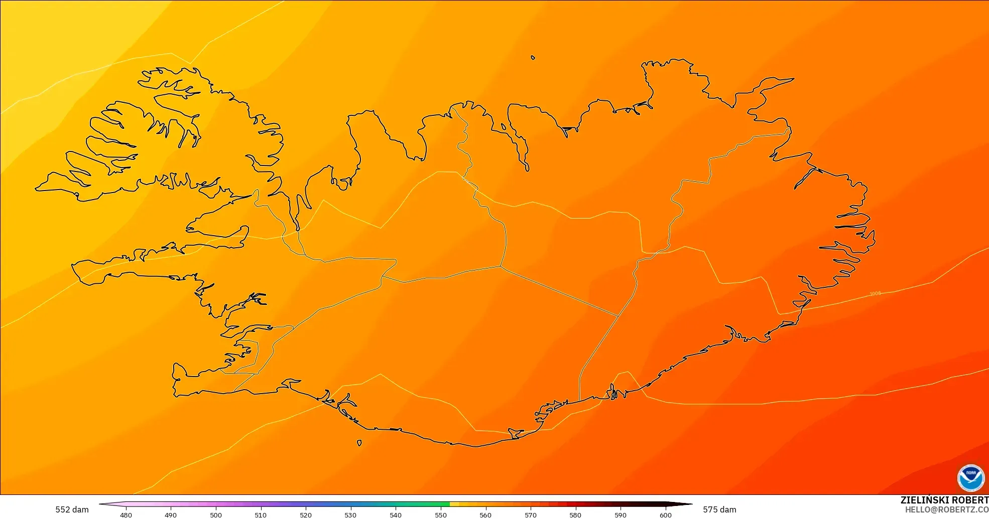 GFS modelo - Islandia, Altura geopotencial a 500 hPa