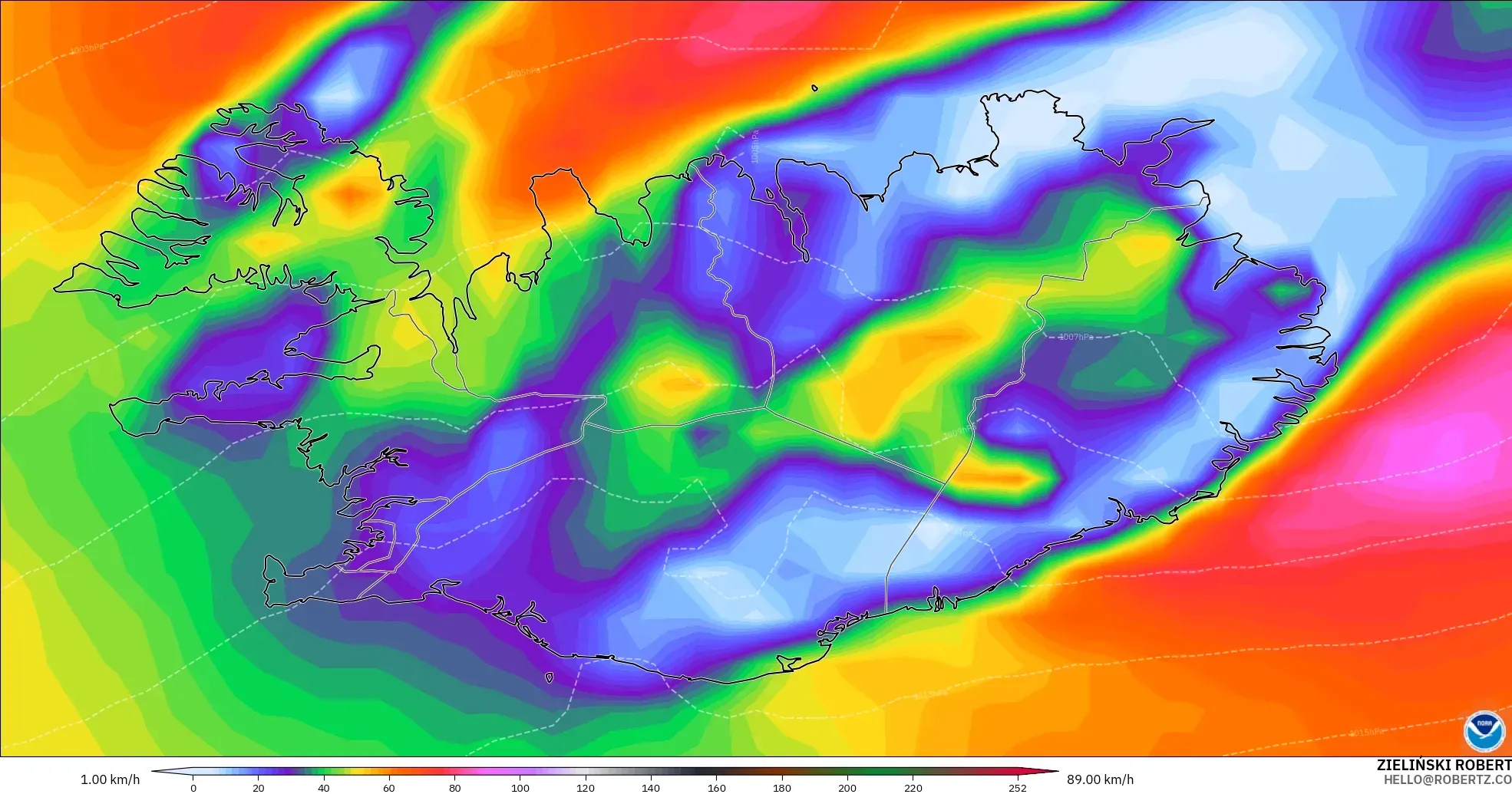 GFS modelo - Islandia, Ráfagas de viento