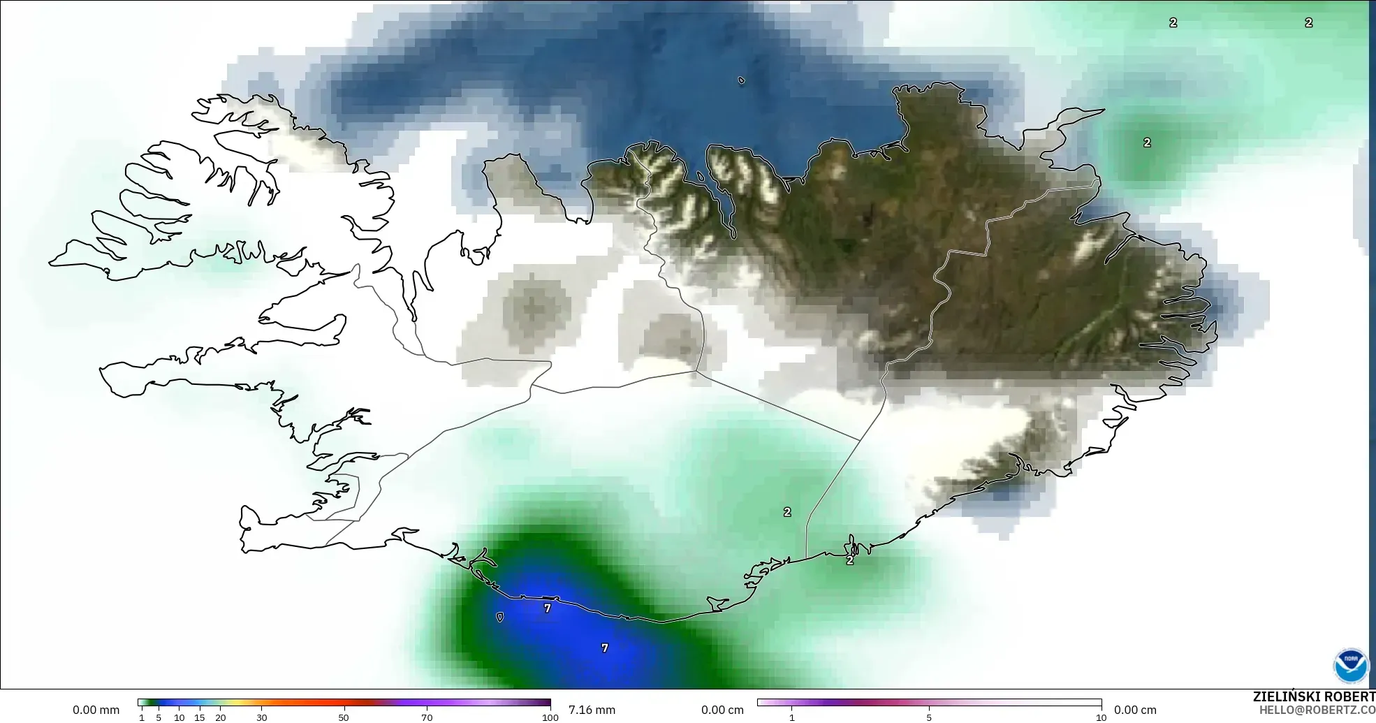 GFS modelo - Islandia, Precipitación, nubes y presión