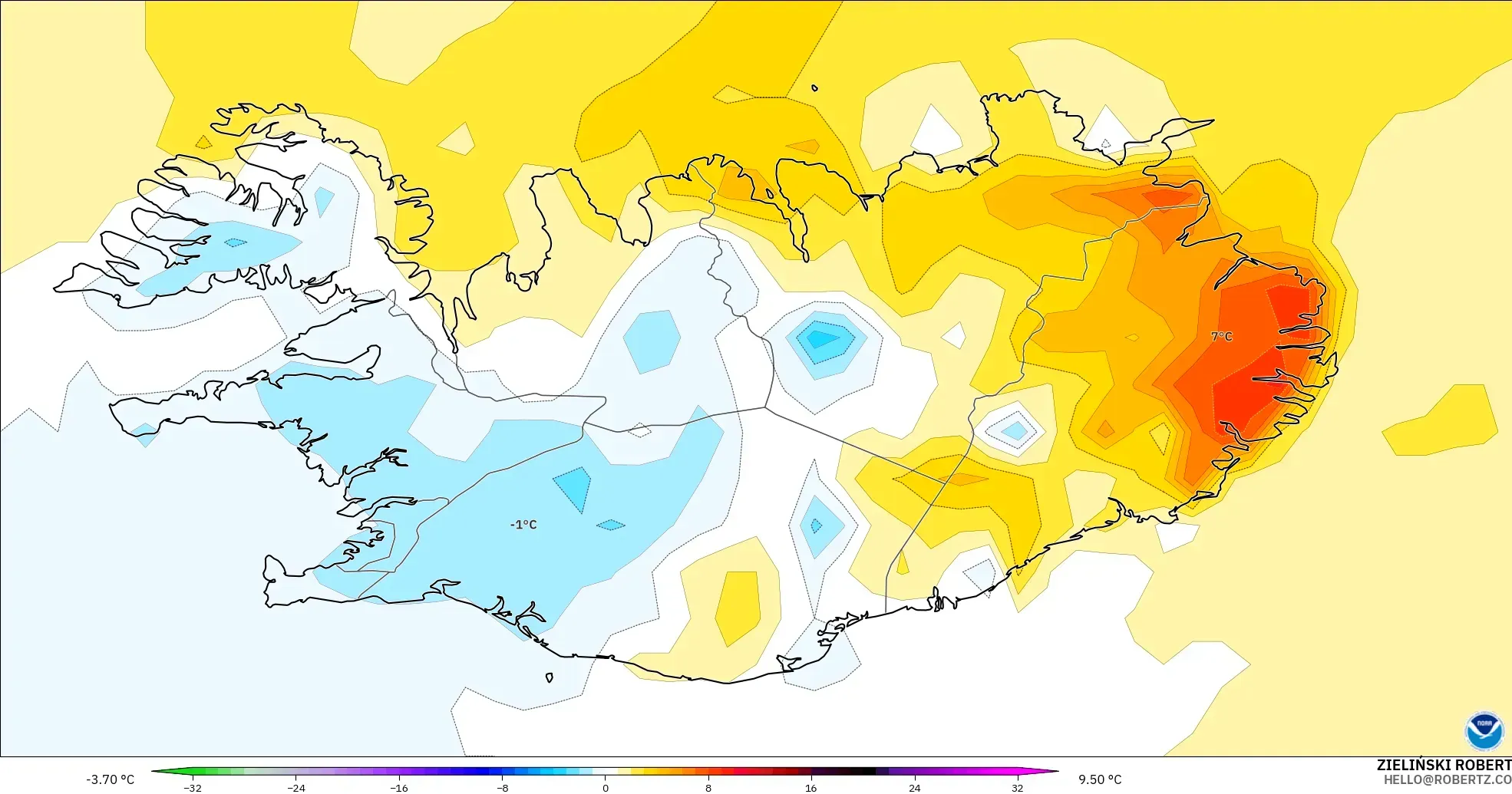 GFS modelo - Islandia, Anomalía de temperatura a 2 m