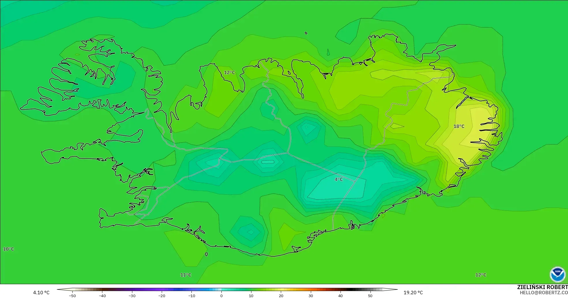 GFS modelo - Islandia, Temperatura a 2 m