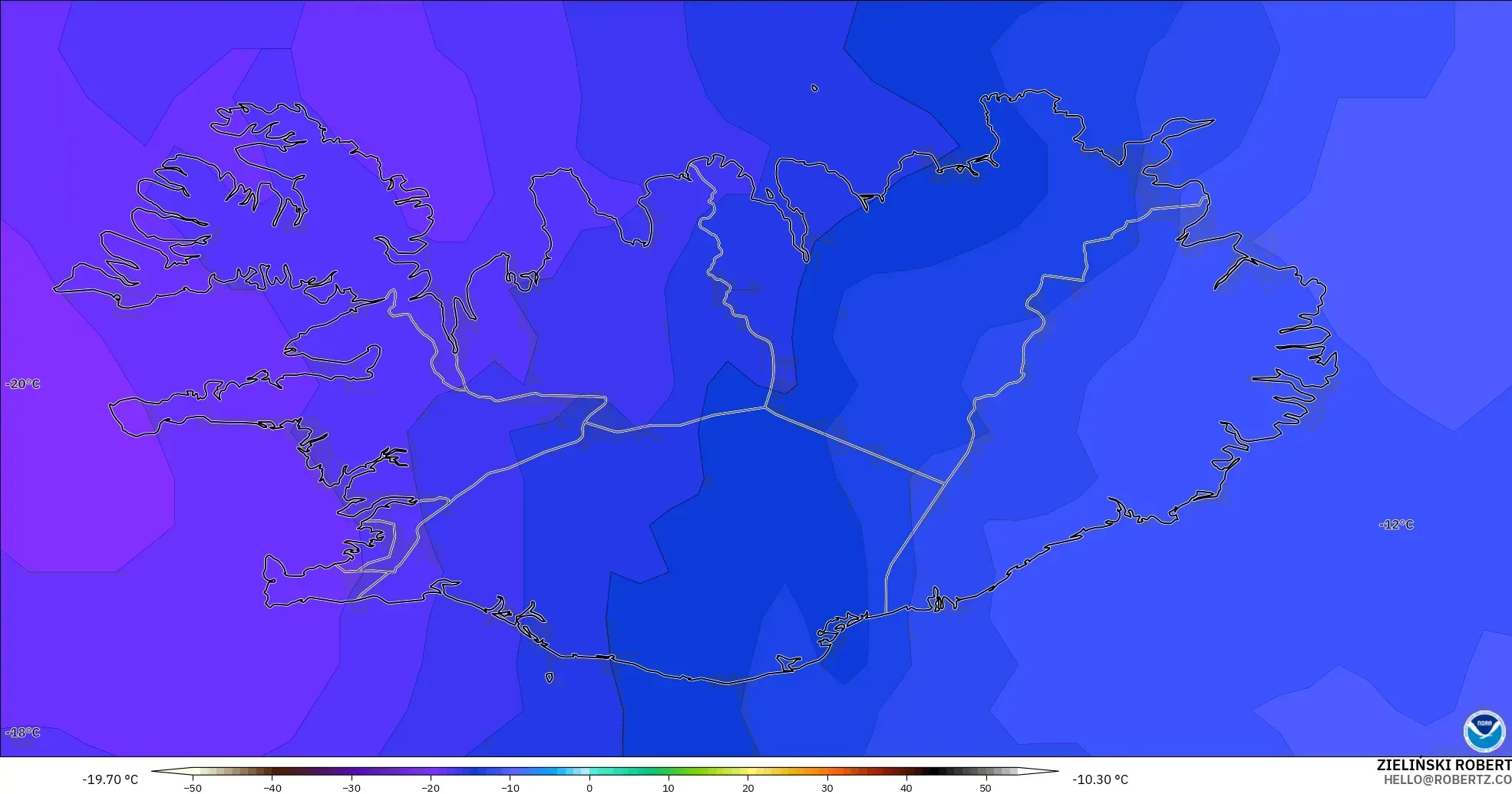 GFS modelo - Islandia, Temperatura a 500 hPa