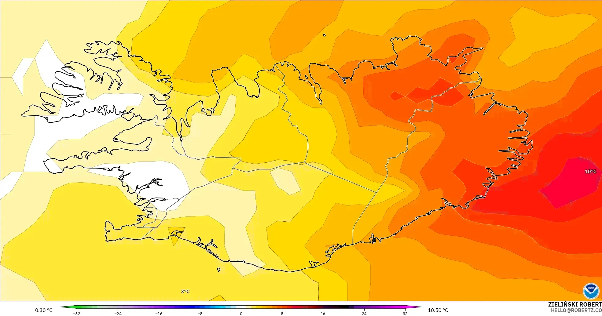 GFS modelo - Islandia, Anomalía de temperatura a 850 hPa
