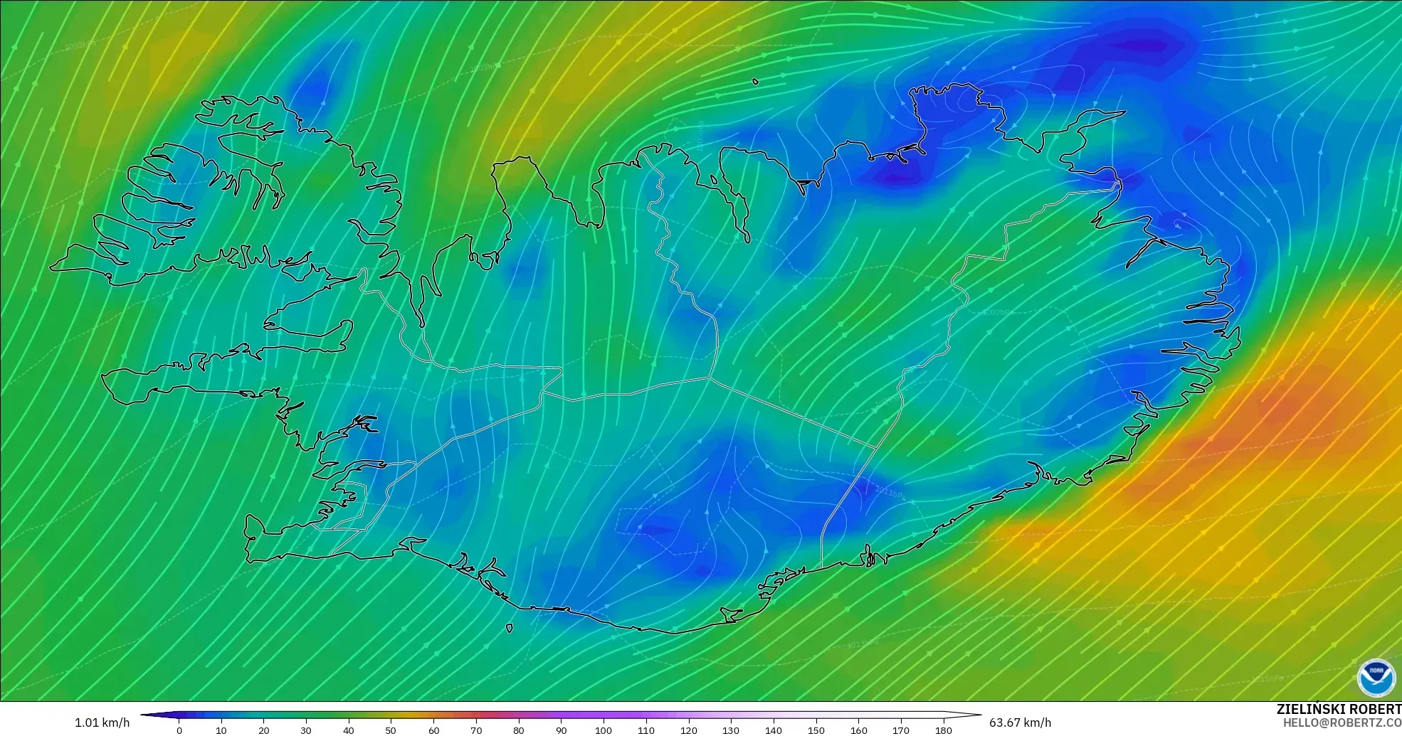 GFS modelo - Islandia, Viento a 10 m