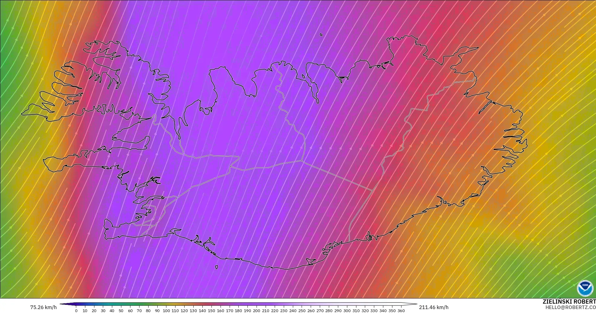 GFS modelo - Islandia, Viento a 300 hPa (corriente en chorro)