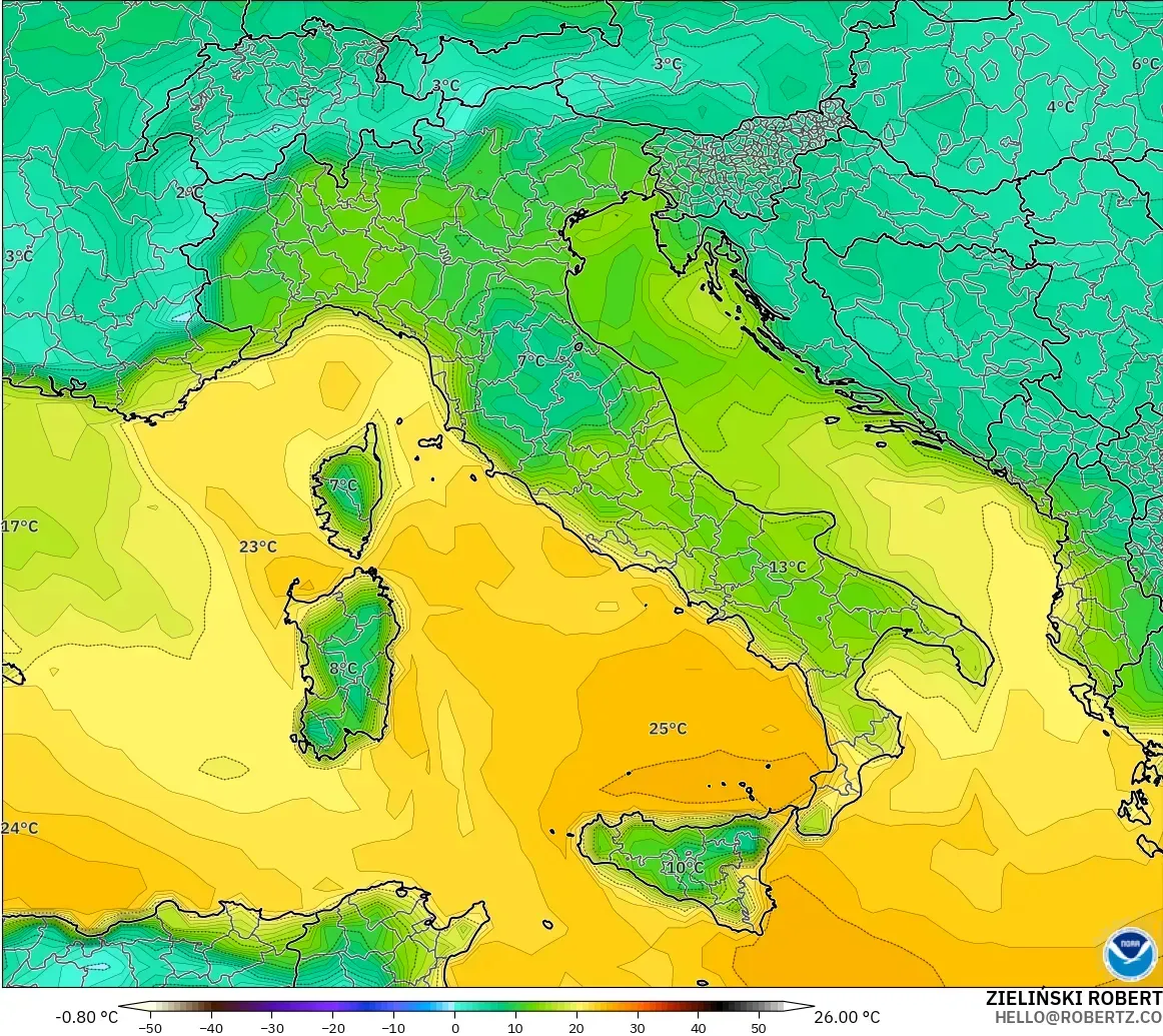 GFS modelo - Italia, Punto de rocío a 2 m