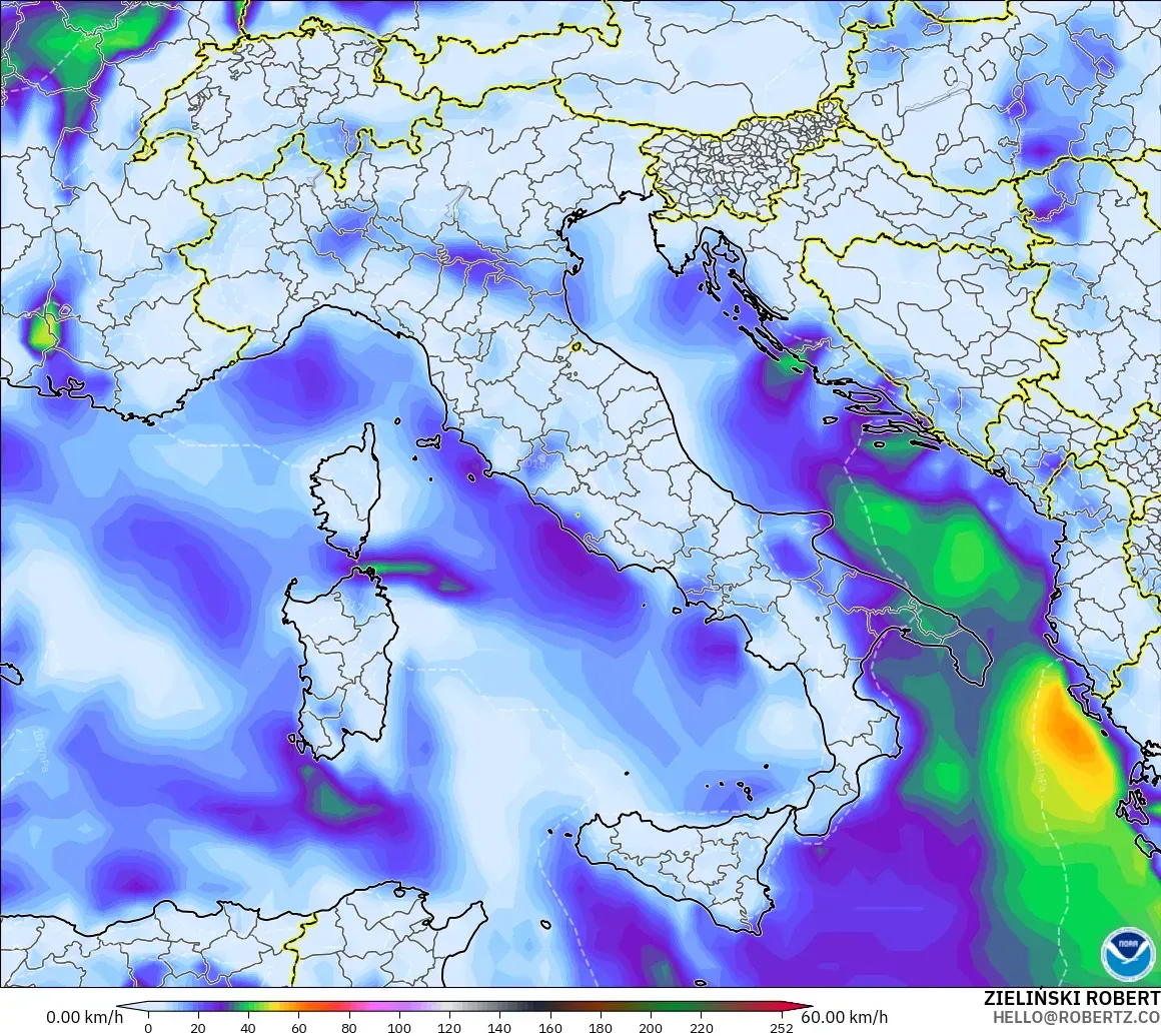 GFS modelo - Italia, Ráfagas de Viento Máximas
