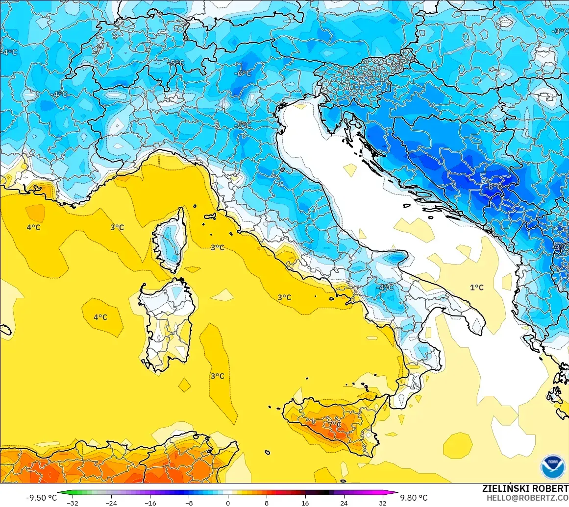GFS modelo - Italia, Anomalía de temperatura a 2 m